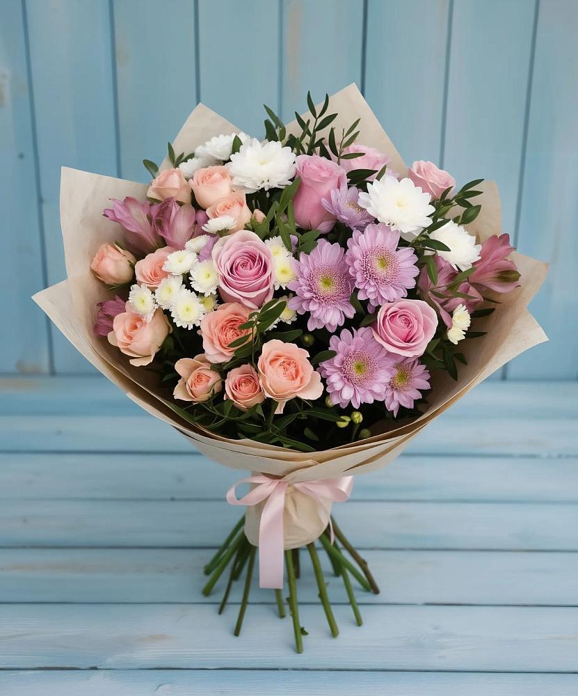 Букет цветов из: Хризантемы, Розы и Альстромерии в Покровке