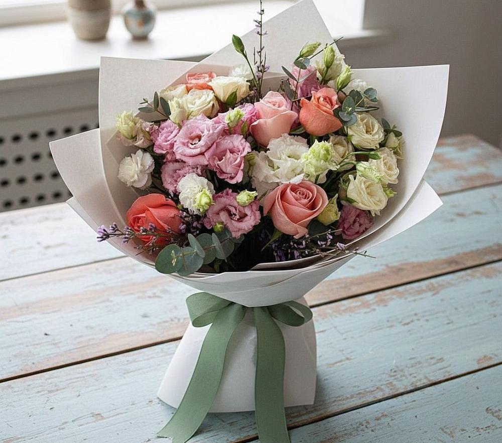 Букет цветов из: Розы, Лизиантусы и Гвоздики в Покровке