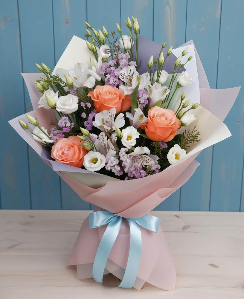 Букет цветов из: Лизиантусы, Розы, Альстромерии и Гипсофила в Покровке