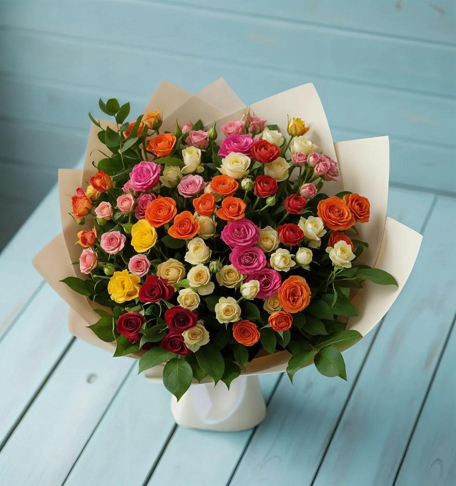 Букет Микс из разноцветных кустовых роз в Покровке