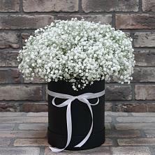 Цветочная композиция из Гипсофила в шляпной коробке в Покровке
